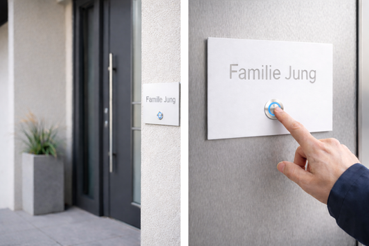 Türklingel Model London weiß RAL 9016 pulverbeschichtet mit Namensschild "Familie Jung", Hand drückt Klingelknopf.