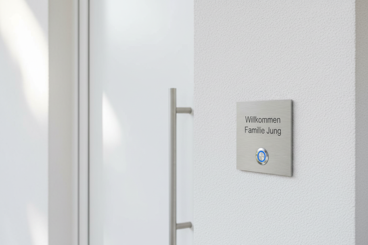 Türklingel Wien an moderner Hausfassade - Edelstahl gebürstet harmoniert mit zeitgenössischer Architektur