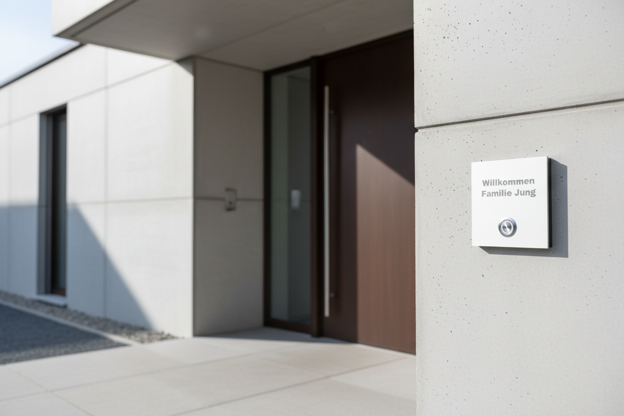 Weiß pulverbeschichtete Türklingel Wien an heller Fassade - Elegante Integration in moderne Architektur