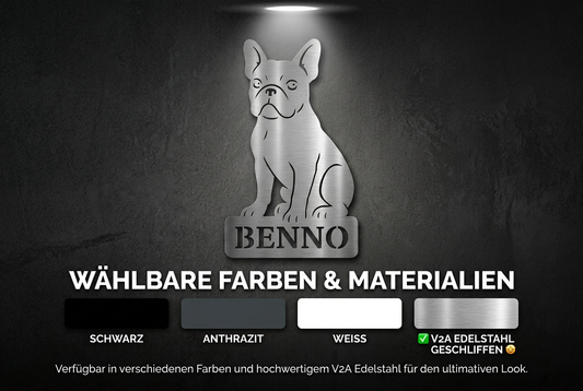 Französische Bulldogge als V2A-Edelstahlschild, alternativ V2A weiß, Anthrazit oder Schwarzpulver beschichtet