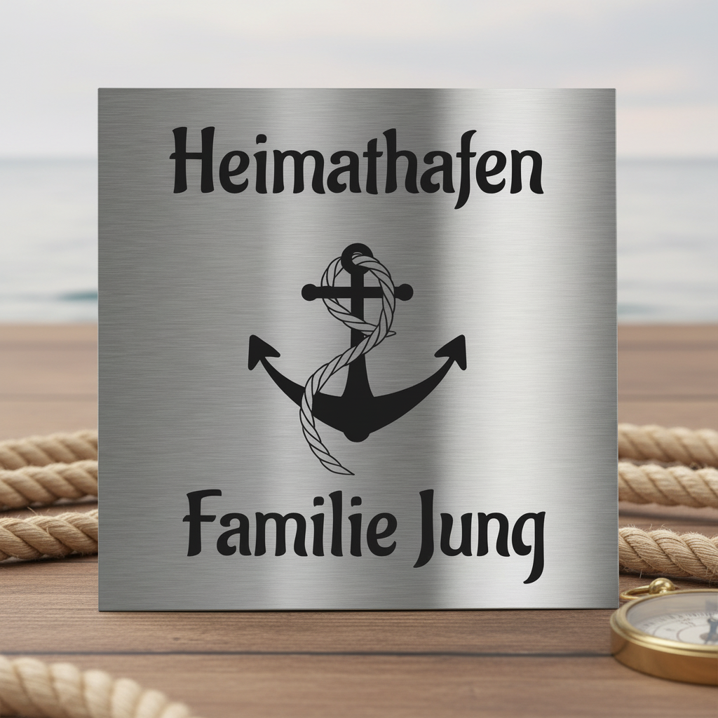 V2A Edelstahlschild mit Anker - Heimathafen 10x10 cm individuell personalisierbar