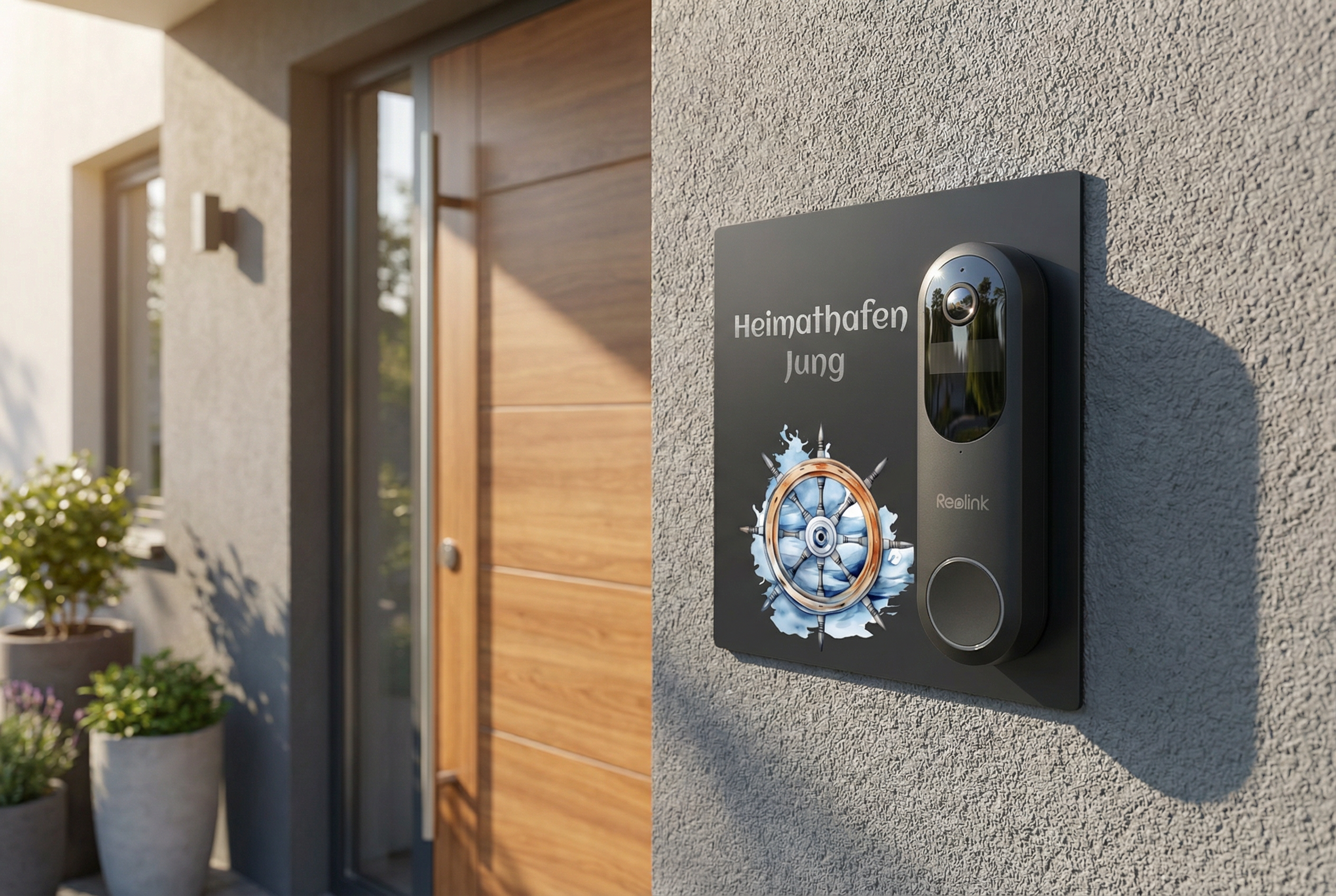 Anthrazitfarbenes Edelstahl Türschild mit Reolink Battery Video Türklingel, maritimes Steuerrad-Motiv und Gravur „Heimathafen Jung“ an moderner Hauswand. UV Druck individuell personalisierbar. Bildupload
