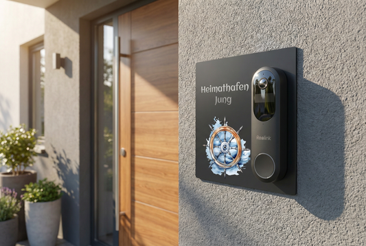 Anthrazitfarbenes Edelstahl Türschild mit Reolink Battery Video Türklingel, maritimes Steuerrad-Motiv und Gravur „Heimathafen Jung“ an moderner Hauswand. UV Druck individuell personalisierbar. Bildupload

