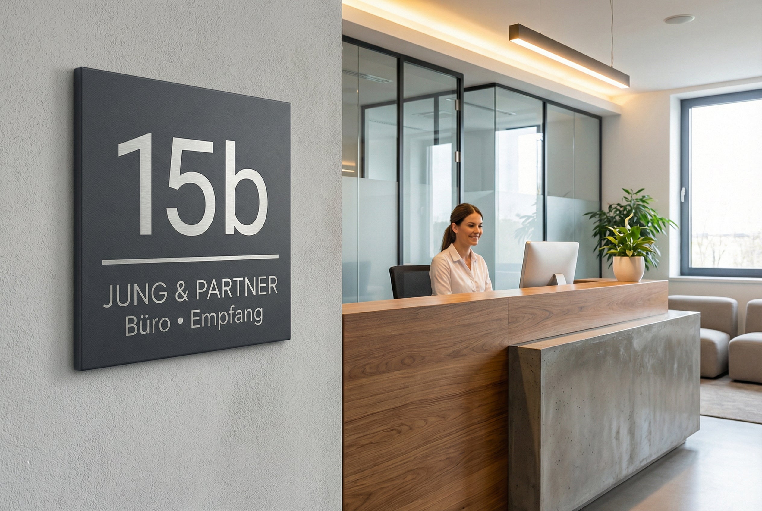 Anthrazit pulverbeschichtetes V2A Edelstahlschild „15b – Jung & Partner – Büro • Empfang“ an hellgrauer Wand im modernen Büroempfang mit Holz-Theke, Glaswänden und sitzender Mitarbeiterin am Computer