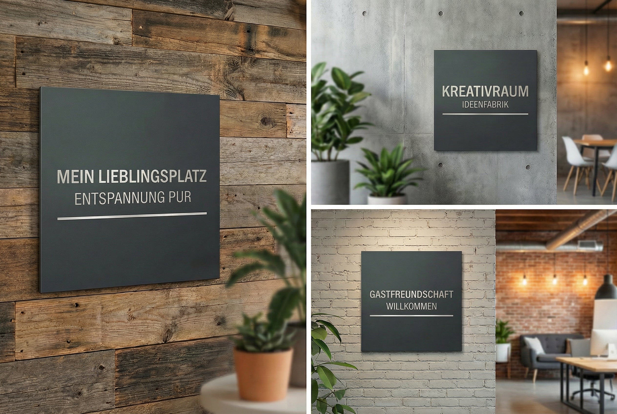 Collage: Anthrazit Edelstahlschilder aus V2A Edelstahl mit Laserbeschriftung – Einsatz als Deko-, Büro- und Willkommensschild an Holz- und Betonwand im Innenbereich