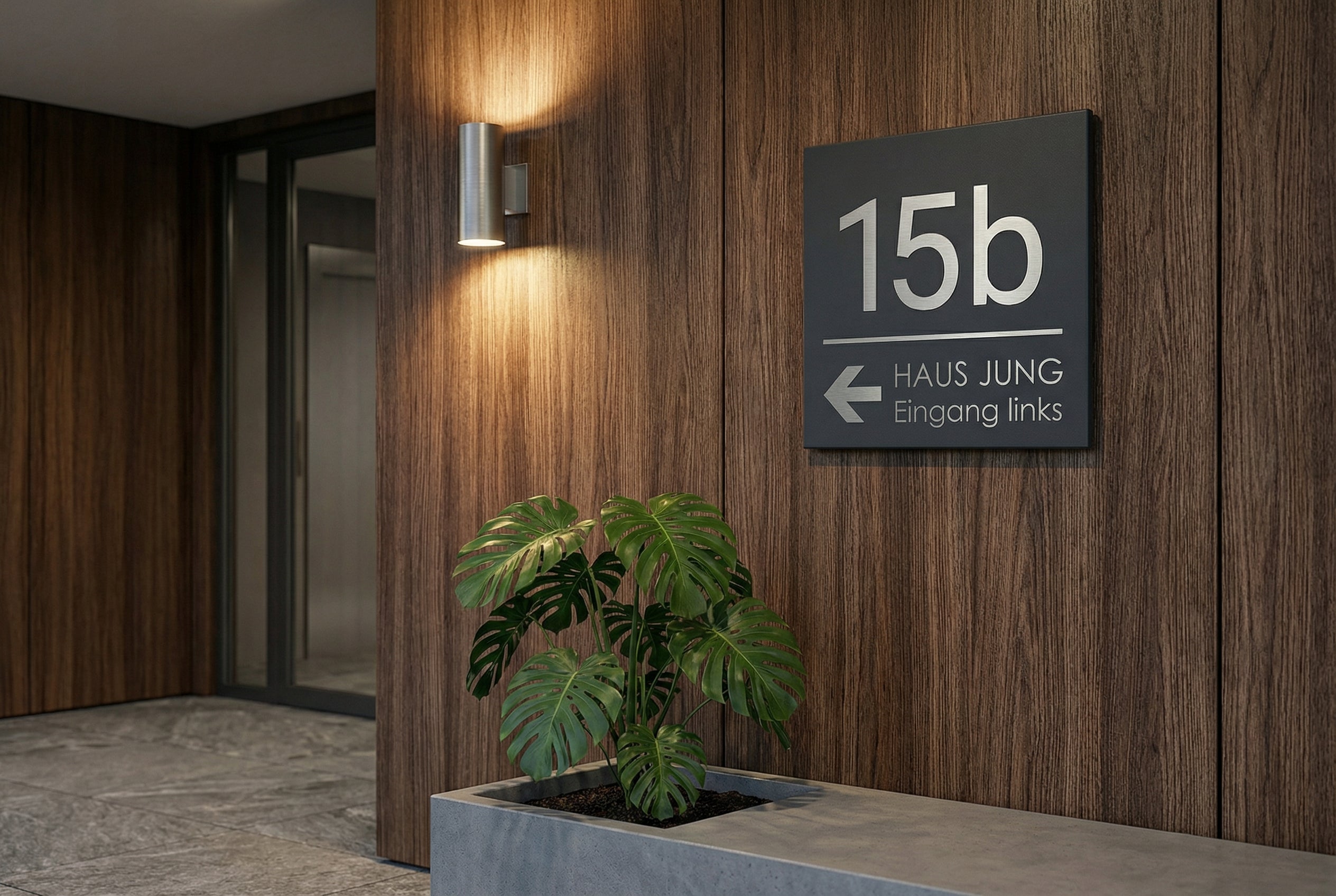 Anthrazit pulverbeschichtetes V2A Edelstahlschild mit Hausnummer 15b, Pfeil und Text „Haus Jung – Eingang links“ als moderner Wegweiser an dunkler Holzfassade im Eingangsbereich mit Pflanzkübel und Außenlampe