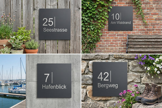 Collage: Anthrazit Hausnummernschilder aus V2A Edelstahl mit Straßennamen – Anwendungsbeispiele an Holz, Backstein, Beton und Natursteinwand