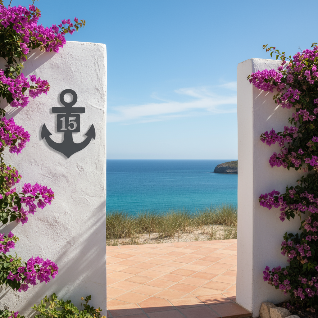 Anthrazitfarbene Anker-Hausnummer am Strandhaus