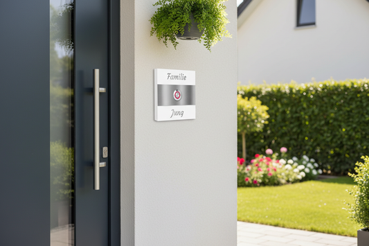 Aufputztürklingel „Bremen“ aus Edelstahl in Weiß mit Namensgravur „Familie Jung“ am modernen Hauseingang bei Tageslicht.