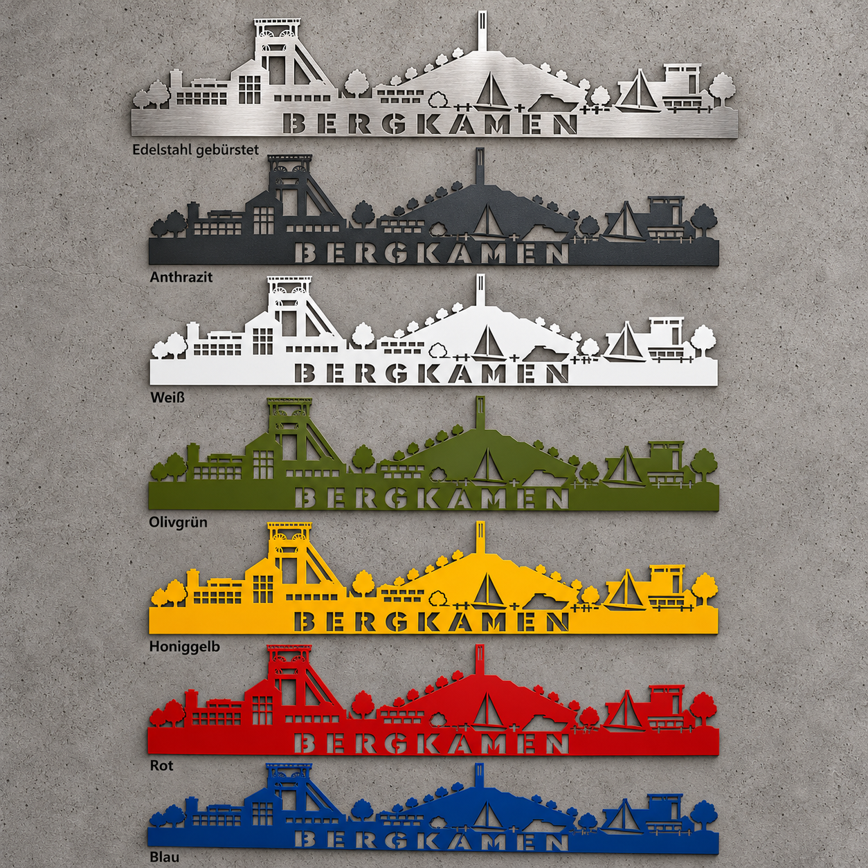 Bergkamen Skyline – Übersicht aller sieben Oberflächen: Edelstahl, Anthrazit, Weiß, Olivgrün, Honiggelb, Rot und Blau