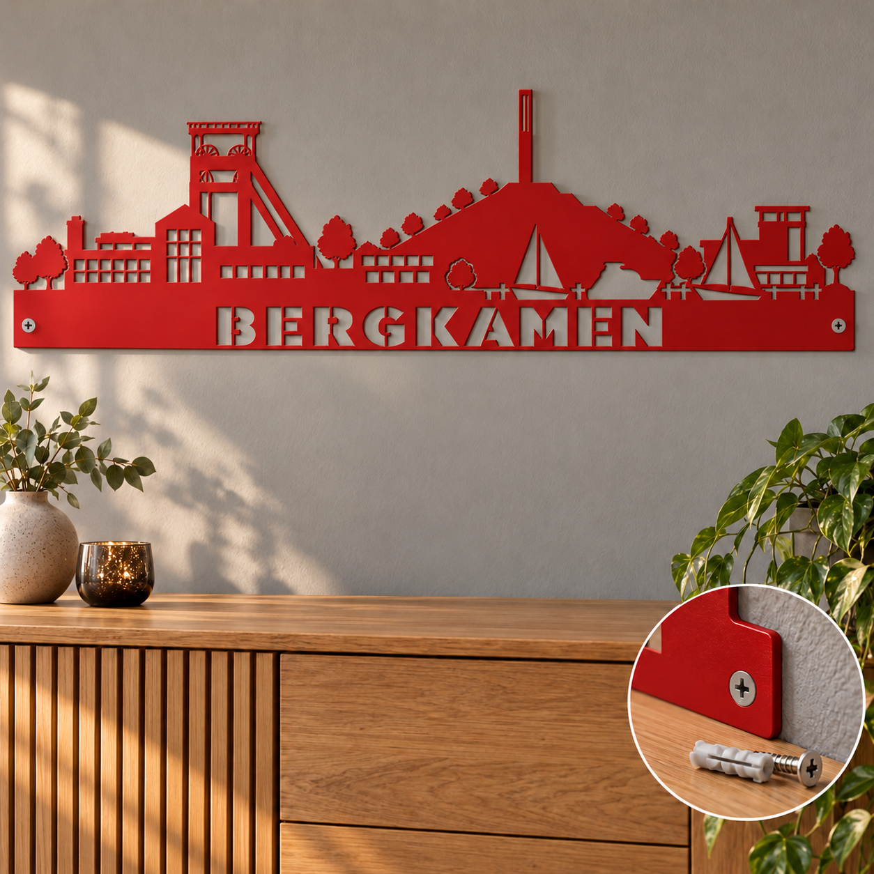 Bergkamen Skyline in Rot über einem Sideboard – Schraubenbefestigung mit Detailansicht von Schraube und Dübel