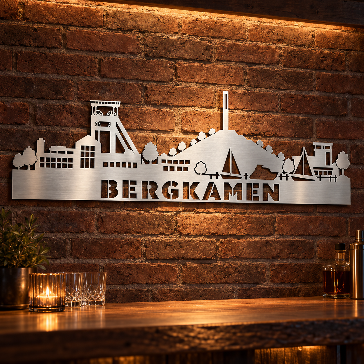 Gestaltungsvorschau: Bergkamen Skyline aus gebürstetem Edelstahl in einer Kellerbar