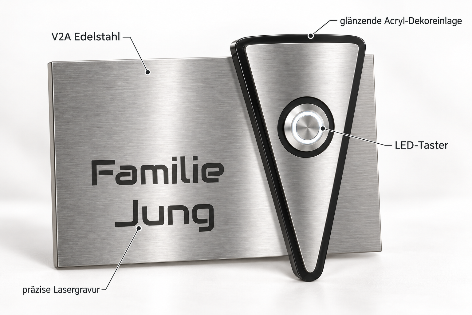 Materialdetails der Türklingel Bern: V2A-Edelstahl, Acryl und LED-Taster