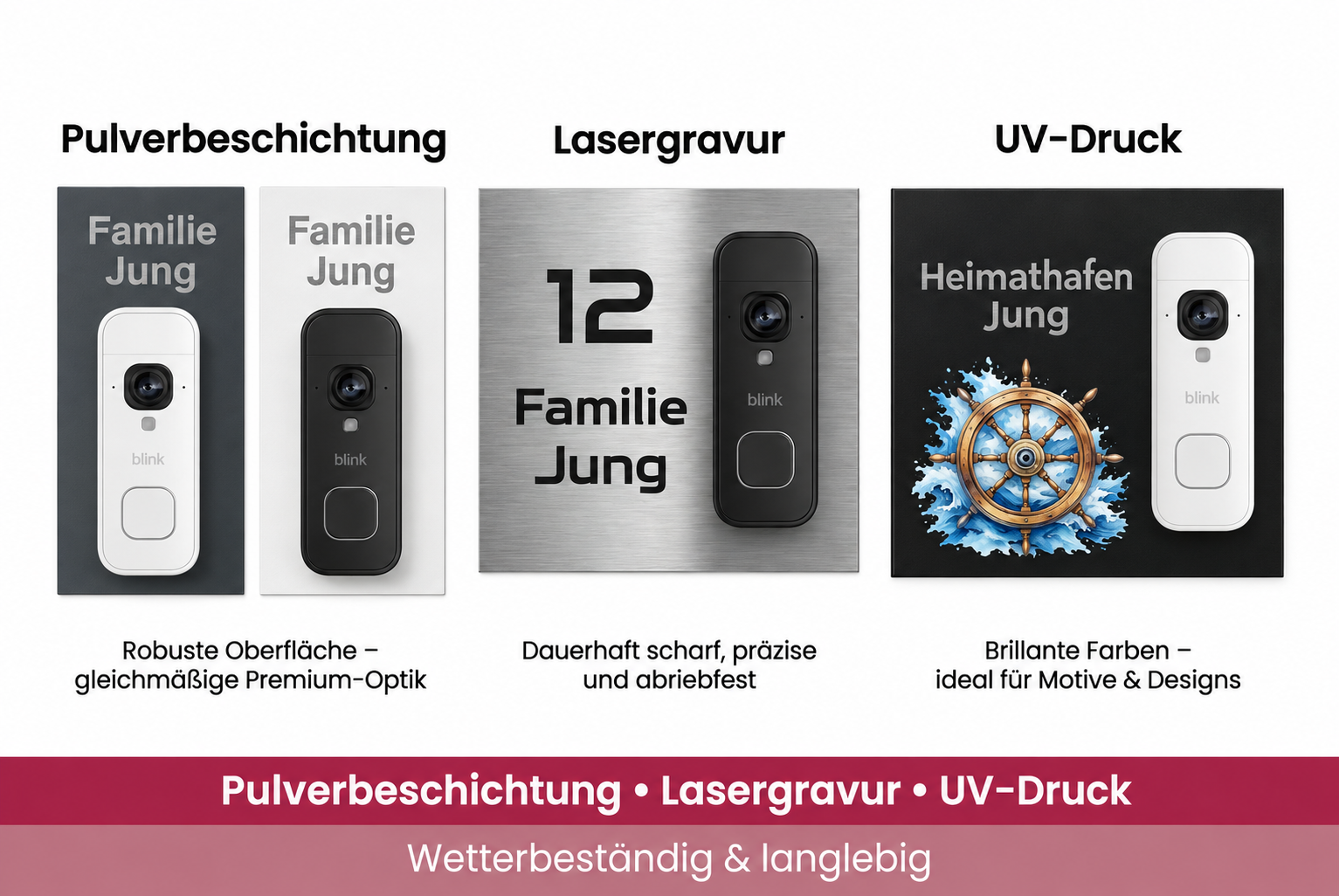 Übersicht der Gestaltungsmöglichkeiten für Blink Videotürklingel 2K+ Batterie: Pulverbeschichtung, Lasergravur und UV-Druck, mit schwarzer und weißer Türklingel
