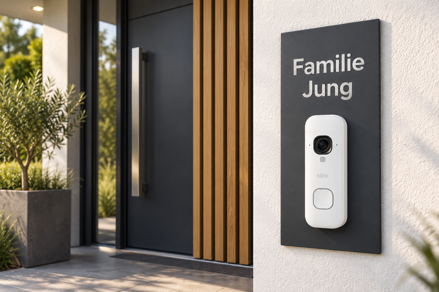 Lifestyle-Designvisualisierung: personalisiertes Dekorschild Familie Jung mit weißer Blink Videotürklingel 2K+ Batterie am Hauseingang – pulverbeschichtet mit Schrift aus freigelegtem geschliffenem Edelstahl