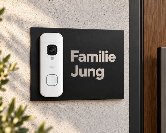 Lifestyle-Designvisualisierung: personalisiertes Dekorschild Familie Jung mit weißer Blink Videotürklingel 2K+ Batterie am Hauseingang – pulverbeschichtet mit Schrift aus freigelegtem geschliffenem Edelstahl