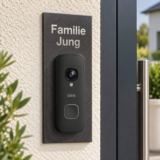 Lifestyle-Designvisualisierung: personalisiertes Dekorschild Familie Jung mit schwarzer Blink Videotürklingel 2K+ Batterie am Hauseingang – pulverbeschichtet mit Schrift aus freigelegtem geschliffenem Edelstahl