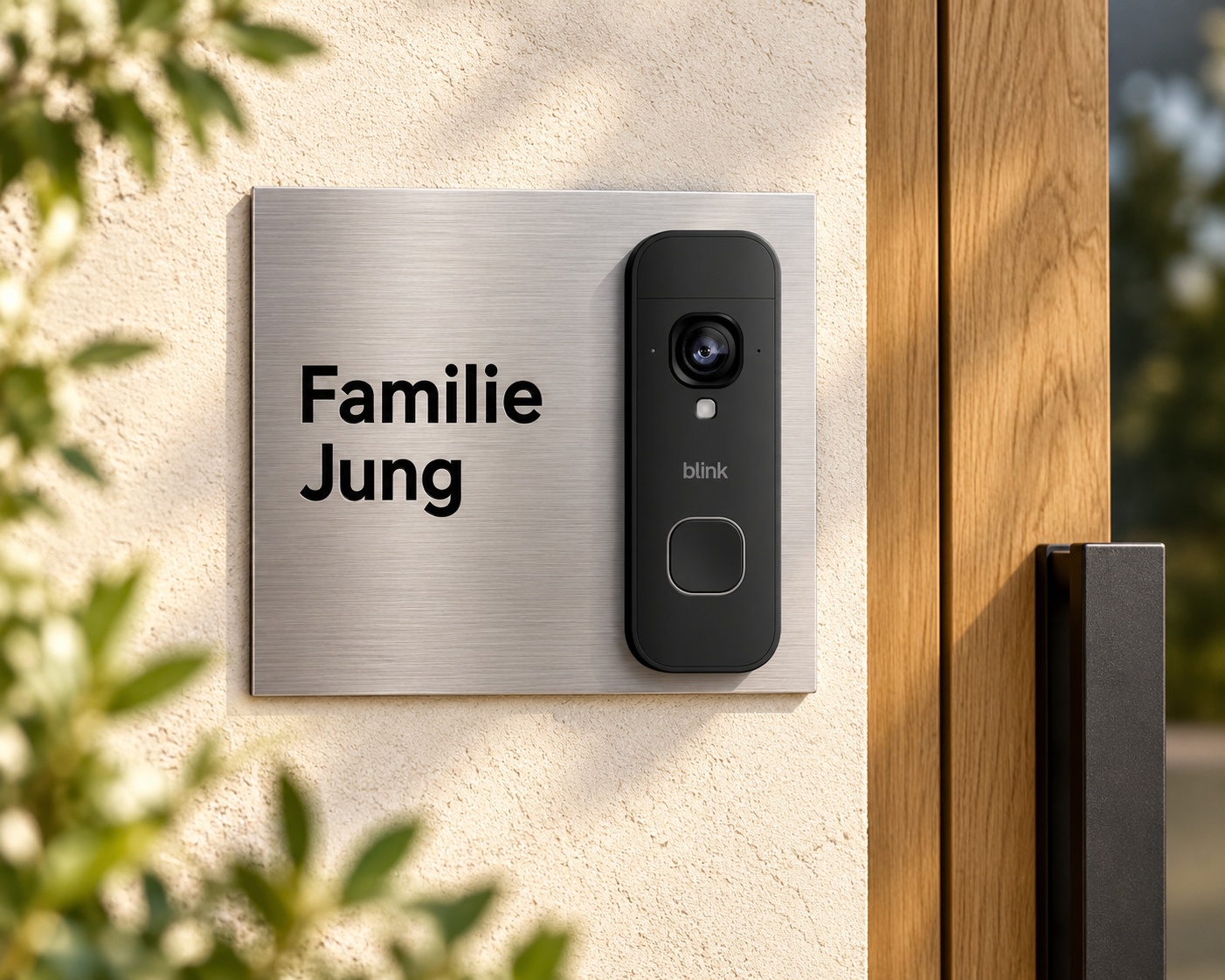 Lifestyle-Designvisualisierung: personalisiertes Dekorschild Familie Jung mit schwarzer Blink Videotürklingel 2K+ Batterie am Hauseingang – Edelstahl mit schwarzer Schrift