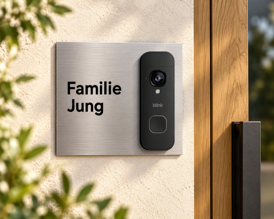 Lifestyle-Designvisualisierung: personalisiertes Dekorschild Familie Jung mit schwarzer Blink Videotürklingel 2K+ Batterie am Hauseingang – Edelstahl mit schwarzer Schrift