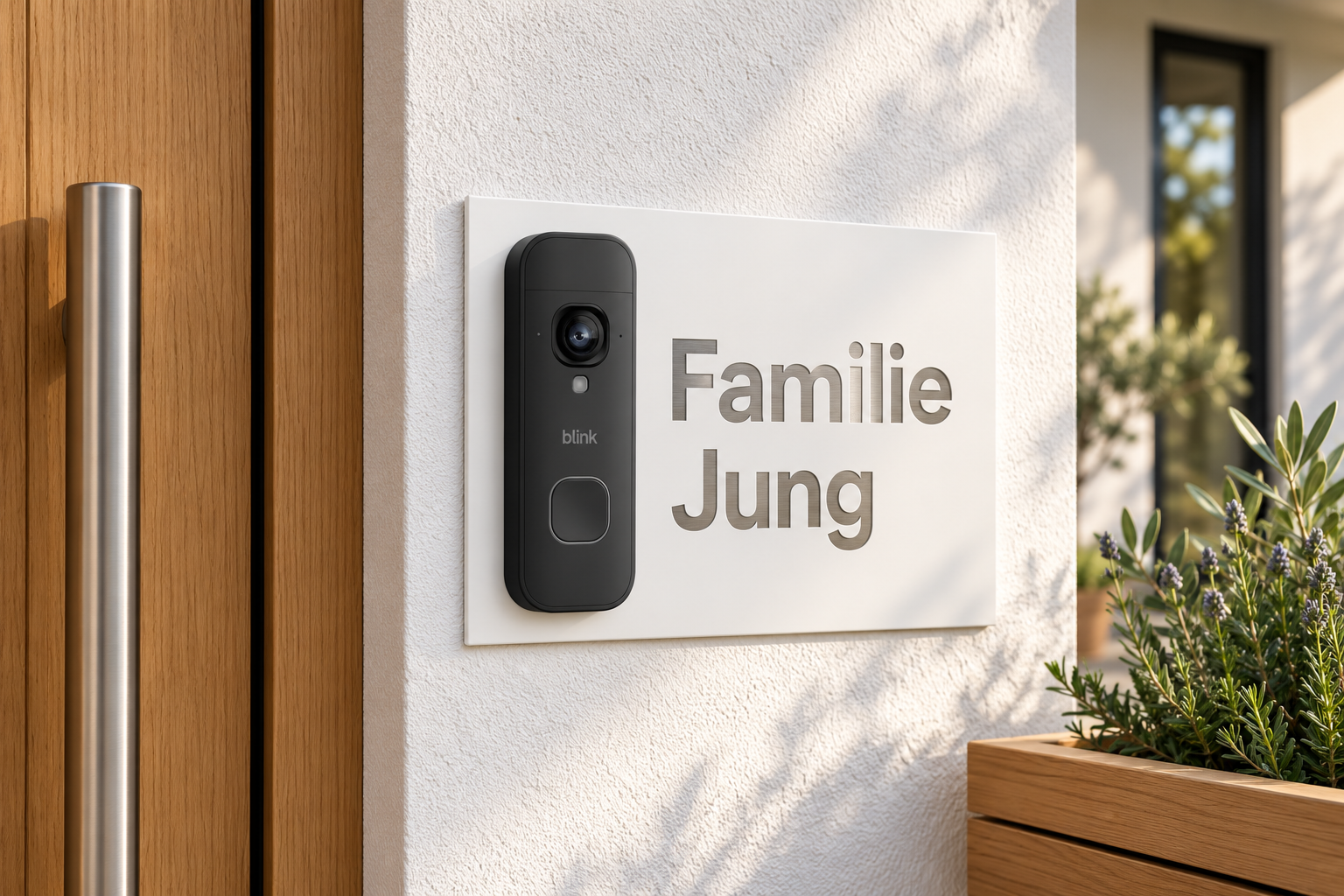 Lifestyle-Designvisualisierung: personalisiertes Dekorschild Familie Jung mit schwarzer Blink Videotürklingel 2K+ Batterie am Hauseingang – pulverbeschichtet mit Schrift aus freigelegtem geschliffenem Edelstahl