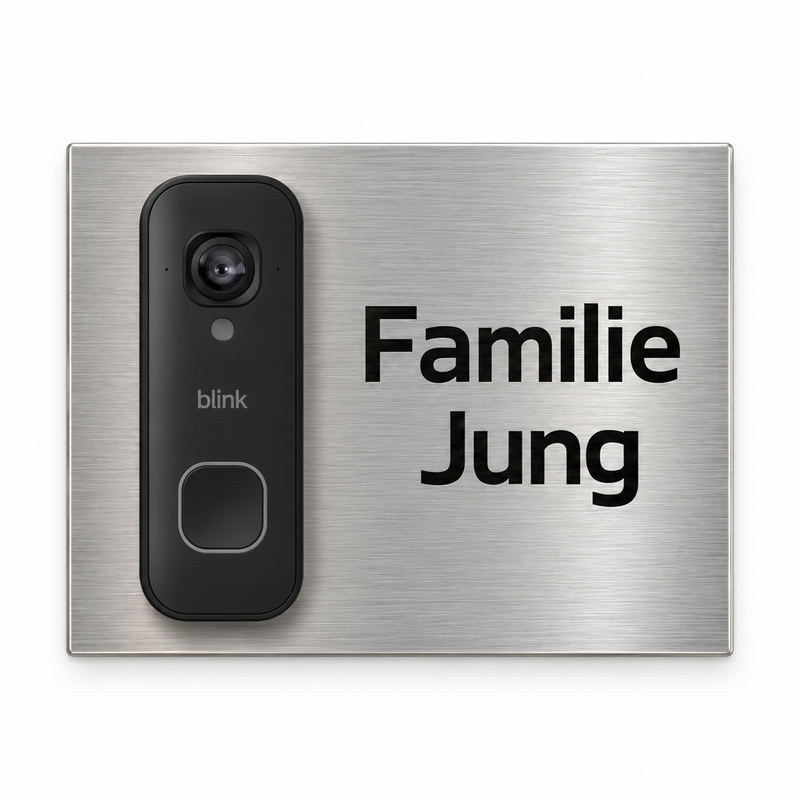 Blink Videotürklingel 2K+ (festverdrahtet neueste Generation) – personalisierbares V2A Edelstahl-Dekorschild