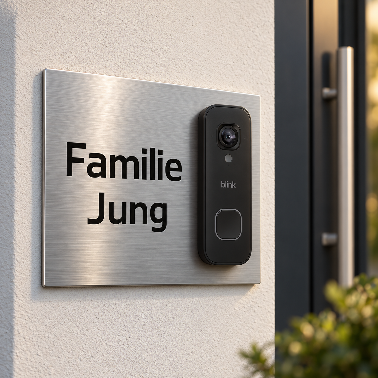 Designvisualisierung: personalisiertes V2A Edelstahl-Dekorschild Familie Jung mit schwarzer Blink Videotürklingel 2K+ festverdrahtet