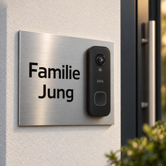 Designvisualisierung: personalisiertes V2A Edelstahl-Dekorschild Familie Jung mit schwarzer Blink Videotürklingel 2K+ festverdrahtet