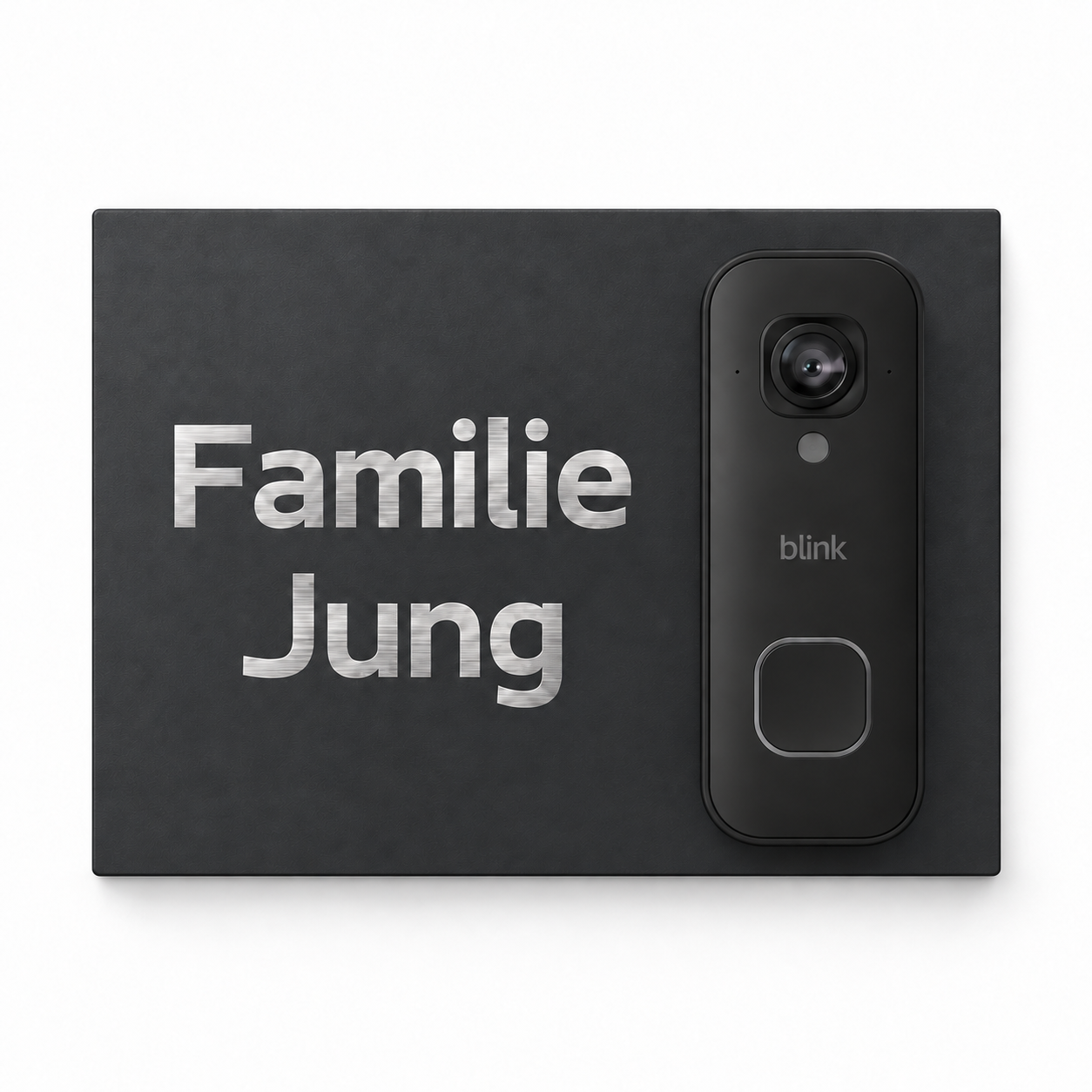 Designvisualisierung: Blink 2K+ festverdrahtet, Dekorschild Anthrazit RAL 7016, Beschriftung links – Schrift als freigelegter geschliffener Edelstahl