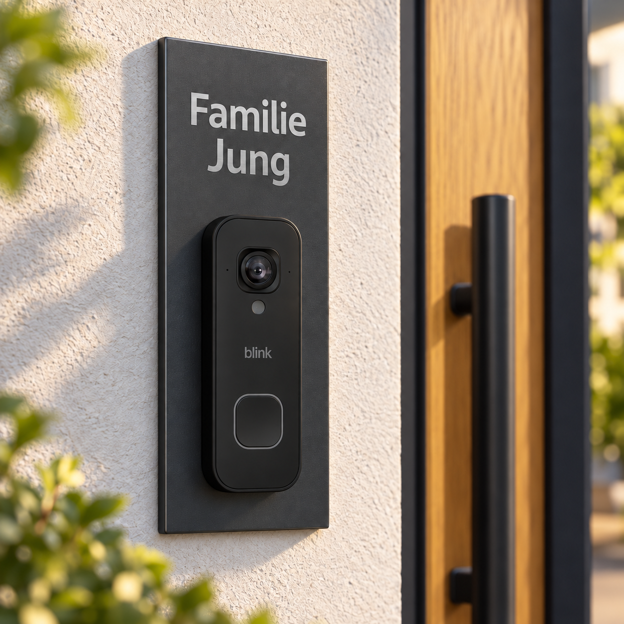 Designvisualisierung: anthrazitfarbenes Blink 2K+ Dekorschild im Hochformat mit Beschriftung oben – Schrift aus freigelegtem geschliffenem Edelstahl