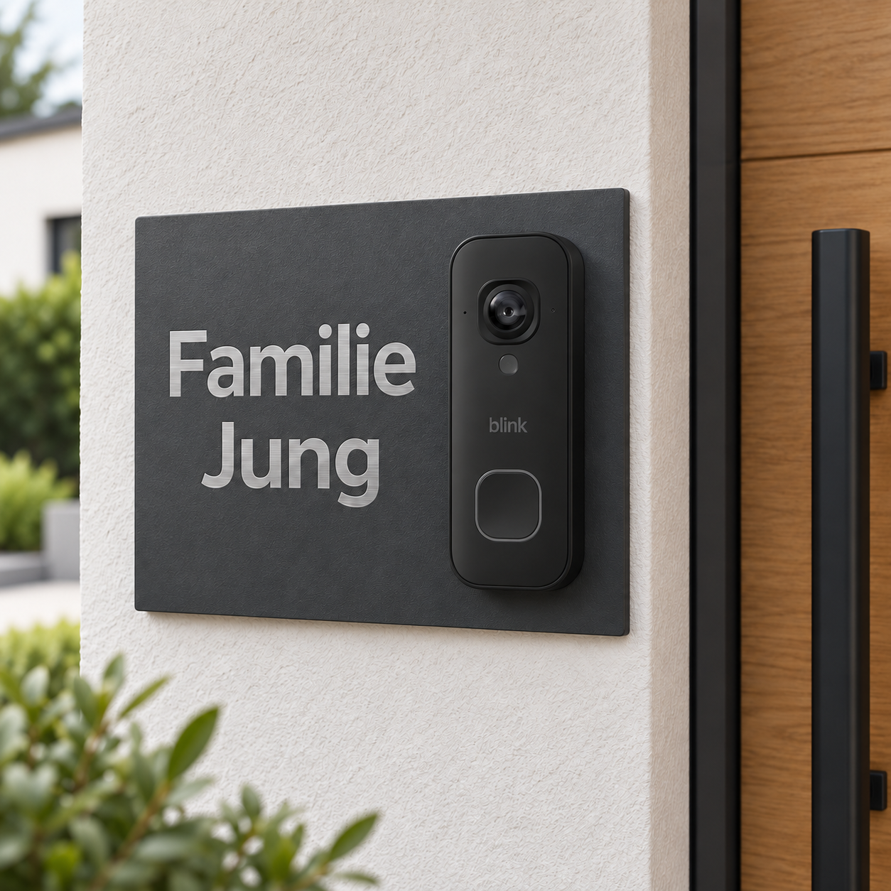 Designvisualisierung: anthrazitfarbenes Dekorschild Familie Jung mit schwarzer Blink Videotürklingel 2K+ festverdrahtet – Schrift aus freigelegtem geschliffenem Edelstahl
