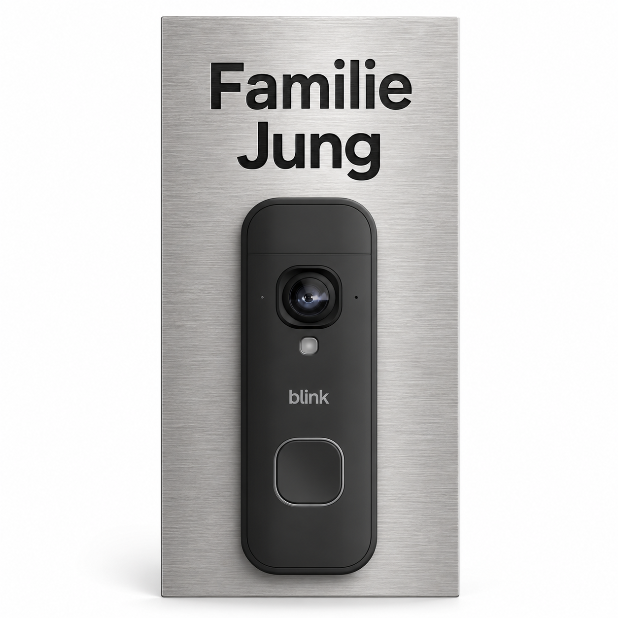 Designvisualisierung: Dekorschild Edelstahl, Gravur oben, schwarze Blink Videotürklingel 2K+ Batterie. Schwarze Schrift.
