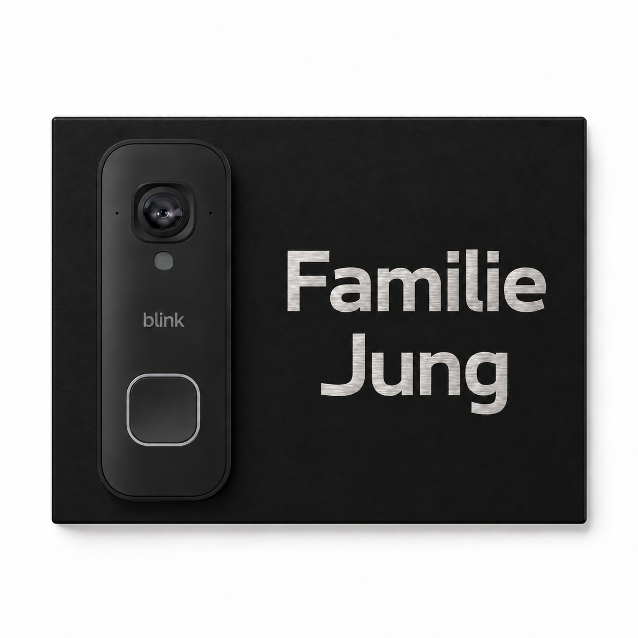 Designvisualisierung: Blink 2K+ Dekorschild schwarz-beschriftung-rechts mit Schrift aus freigelegtem geschliffenem Edelstahl