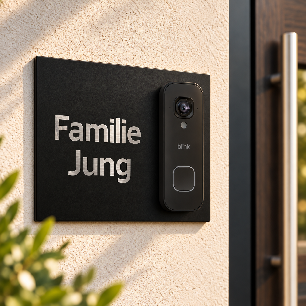 Designvisualisierung: Blink 2K+ Dekorschild schwarz-lifestyle-gross mit Schrift aus freigelegtem geschliffenem Edelstahl