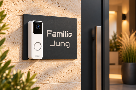 Gestaltungsbeispiel: Dekorschild für Blink Video Doorbell – Anthrazit mit silberner Edelstahlbeschriftung und weißer Blink Türklingel am Hauseingang