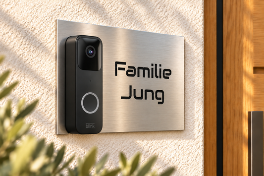 Gestaltungsbeispiel: Dekorschild für Blink Video Doorbell – Edelstahl gebürstet mit schwarzer Beschriftung am Hauseingang