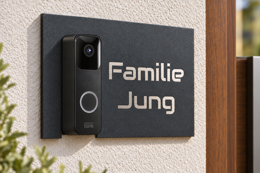 Gestaltungsbeispiel: Dekorschild für Blink Video Doorbell – Eisenglimmer DB 703 mit silberner Edelstahlbeschriftung am Hauseingang