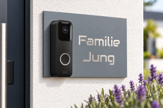 Gestaltungsbeispiel: Dekorschild für Blink Video Doorbell – Fenstergrau RAL 7040 mit silberner Edelstahlbeschriftung am Hauseingang