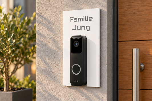 Gestaltungsbeispiel: Dekorschild für Blink Video Doorbell – Weiß im Hochformat mit silberner Edelstahlbeschriftung am Hauseingang