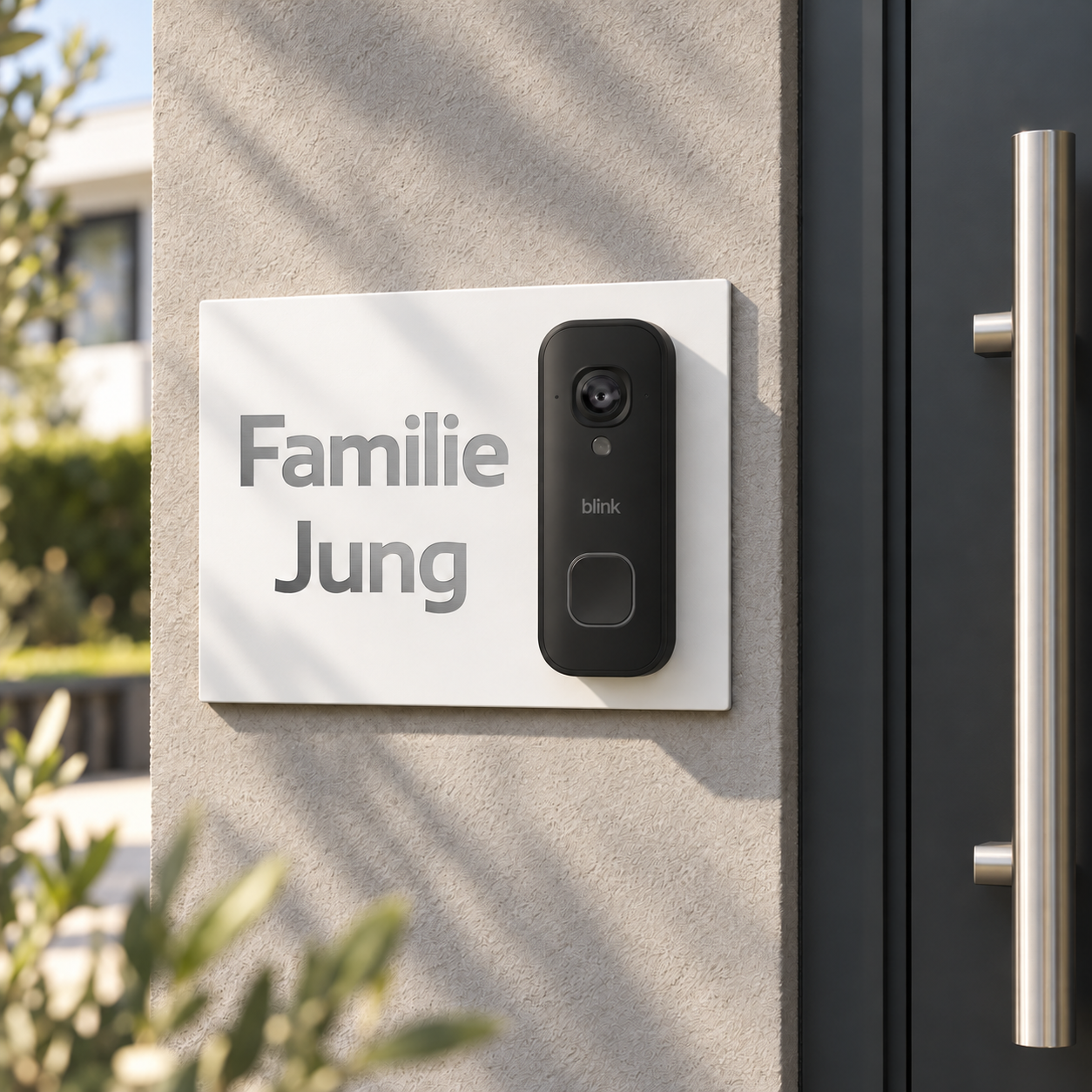 Designvisualisierung: weißes Dekorschild Familie Jung mit schwarzer Blink Videotürklingel 2K+ festverdrahtet – Schrift aus freigelegtem geschliffenem Edelstahl