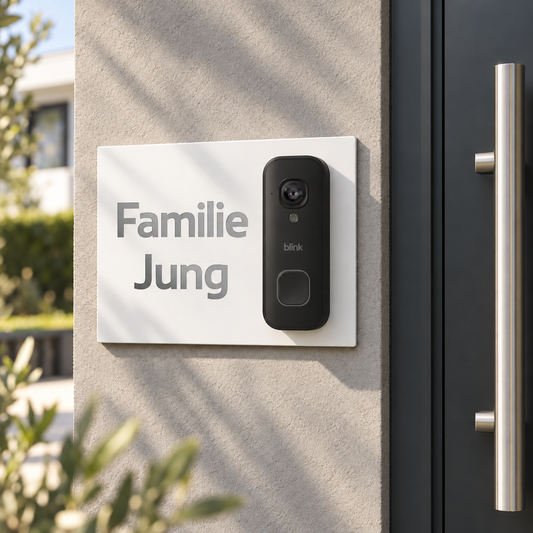 Designvisualisierung: weißes Dekorschild Familie Jung mit schwarzer Blink Videotürklingel 2K+ festverdrahtet – Schrift aus freigelegtem geschliffenem Edelstahl