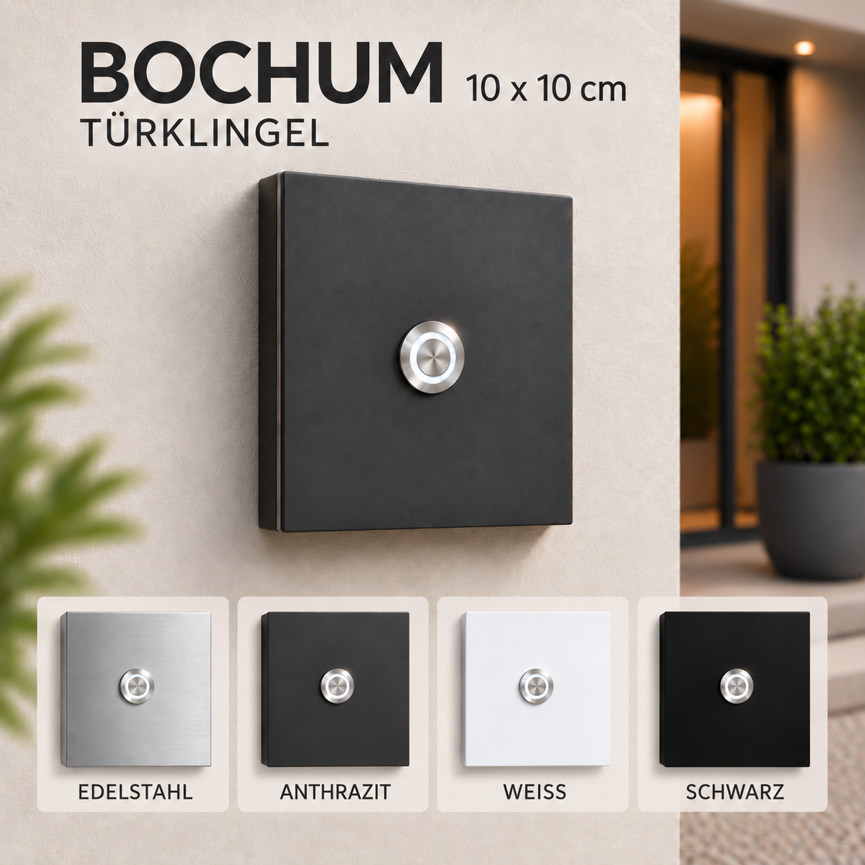 Türklingel Bochum 10 × 10 cm in Edelstahl, Anthrazit, Weiß und Schwarz