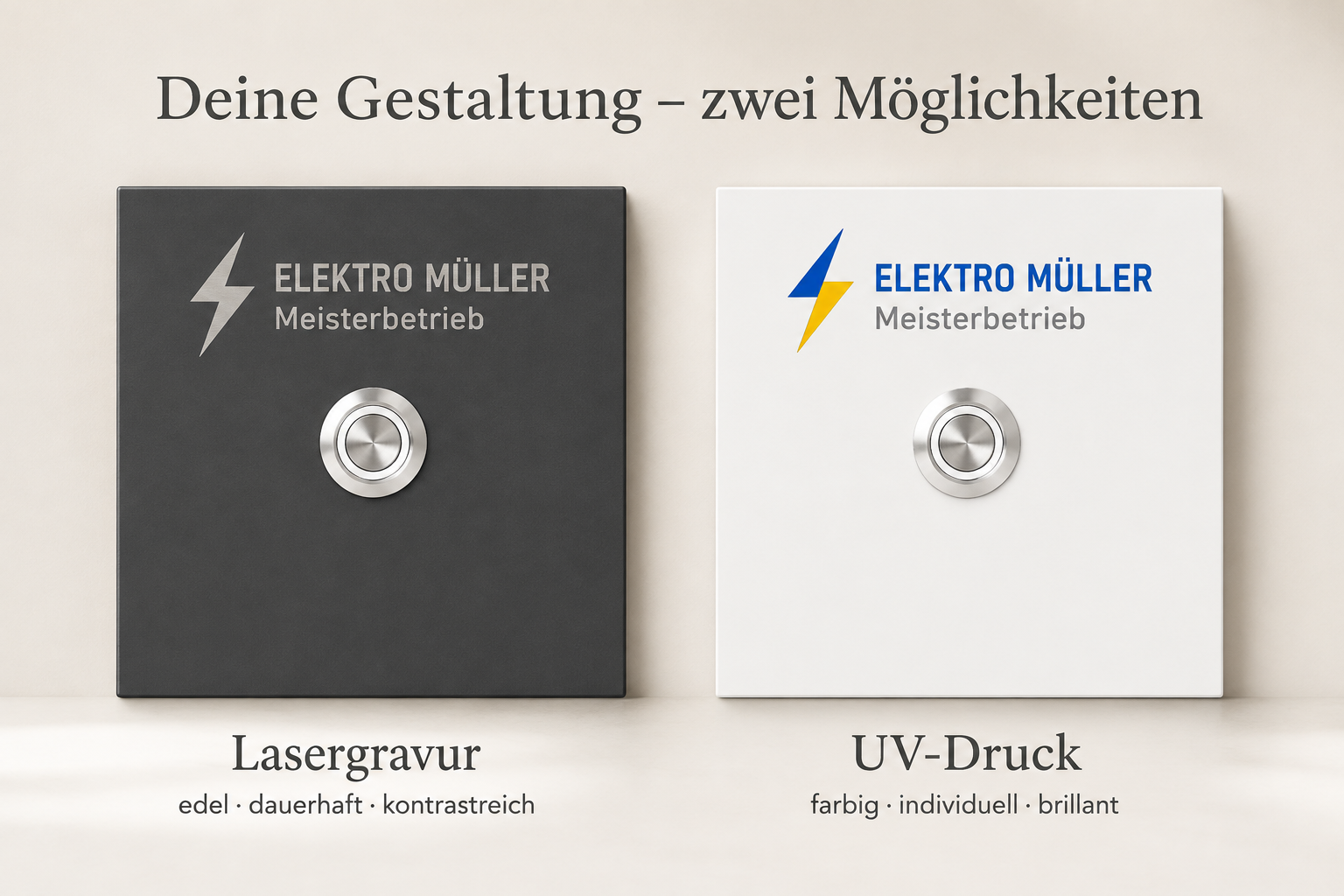 Personalisierung der Türklingel Bochum im Vergleich: Lasergravur oder farbiger UV-Druck mit Firmenlogo
