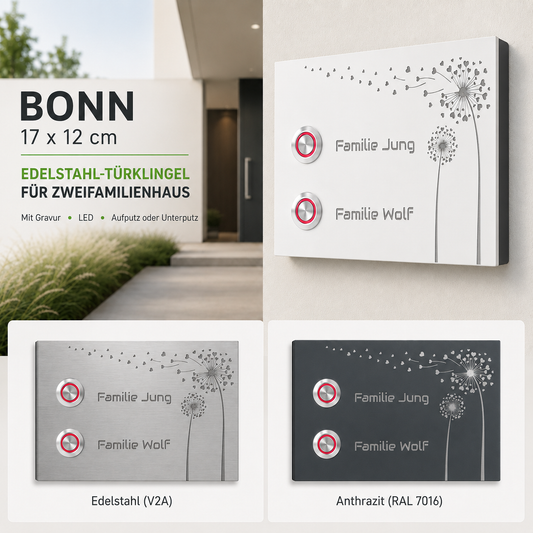 Türklingel Bonn für Zweifamilienhaus 17 x 12 cm in Edelstahl, Weiß und Anthrazit