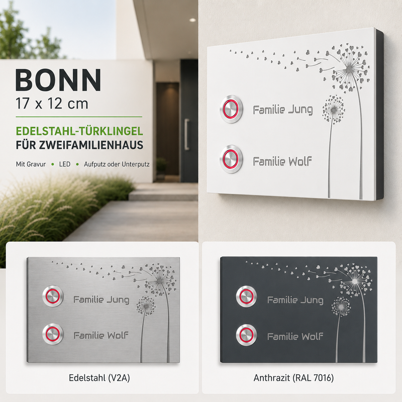Türklingel Bonn für Zweifamilienhaus 17×12 cm – Edelstahl, Weiß oder Anthrazit mit LED