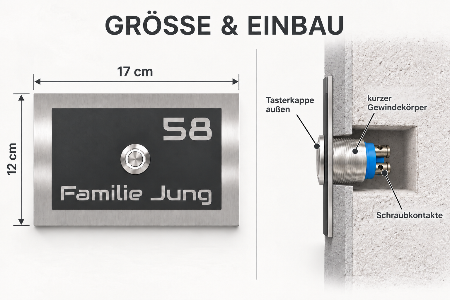 Boston Türklingel 17 × 12 cm mit 2-mm-V2A-Grundplatte, 1,5-mm-Oberplatte und kompaktem Taster mit Schraubkontakten