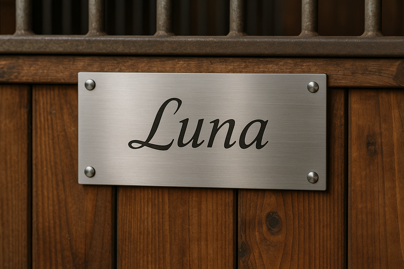 Boxenschild Pferd aus V2A Edelstahl – personalisiert mit Gravur