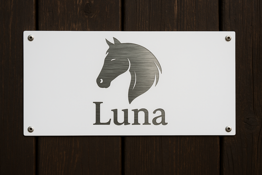 Boxenschild Weiß mit horizontalem Edelstahlschliff