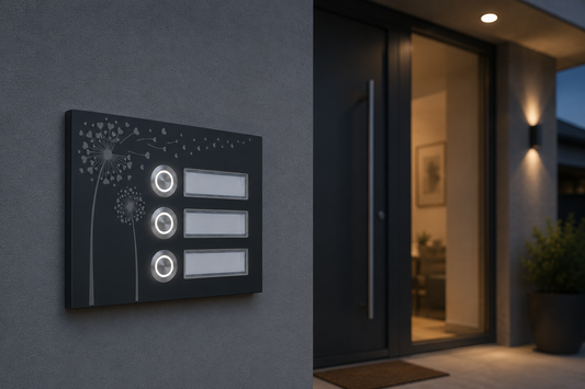 Bozen 17 x 12 cm Dreifamilienhaus Türklingel in Anthrazit am modernen Hauseingang bei Dämmerung mit LED Beleuchtung