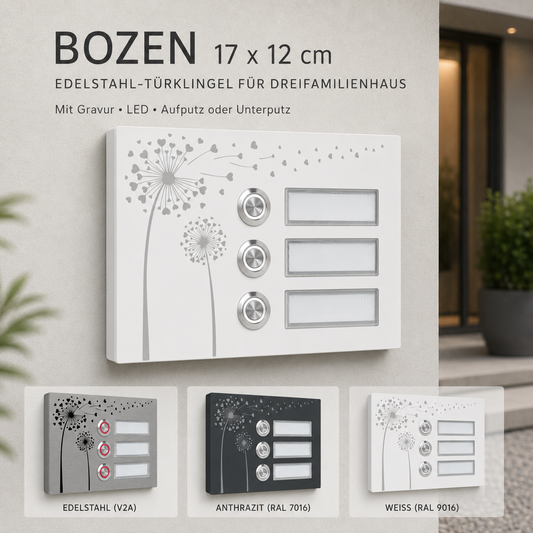 Bozen 17 x 12 cm Edelstahl Türklingel für Dreifamilienhaus mit drei Schriftfeldern in Weiß, Anthrazit und Edelstahl V2A