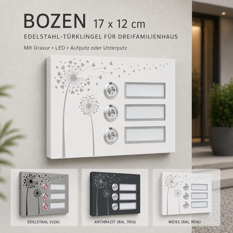 Bozen 17 x 12 cm Edelstahl Türklingel für 3 Familienhaus – Edelstahl gebürstet, Anthrazit/Weiß, LED